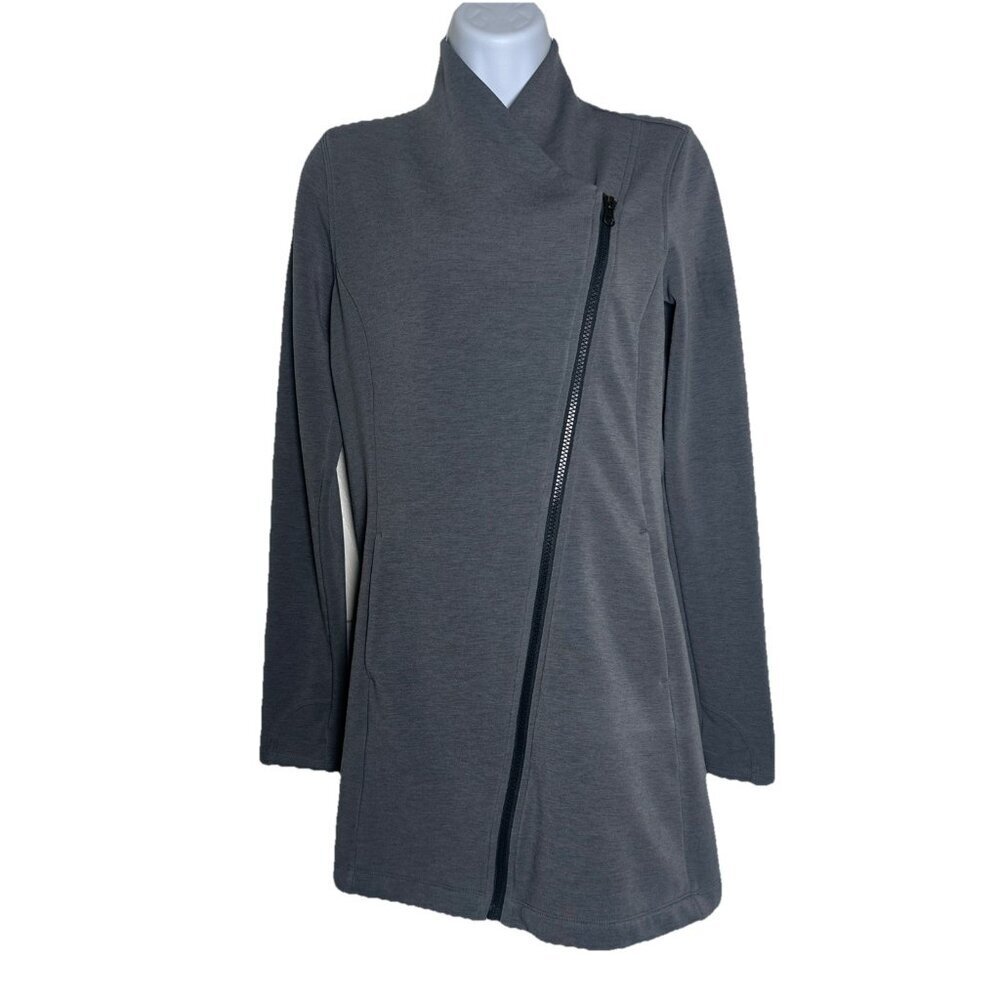 ATHLETA XS SoftTech CYA Jacket Asymmetric Full Zip High V Neck Gray Wool Coat